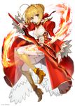  aestus_estus ahoge blonde_hair commentary_request dress epaulettes fate/extra fate_(series) green_eyes hair_ribbon highres kneehighs long_hair mika_pikazo nero_claudius_(fate) nero_claudius_(fate)_(all) red_dress revision ribbon see-through smile solo sword weapon 