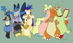  alternate_color amphibian anthro arm_around_shoulders bandanna blush bottomless canine charizard clothed clothing collar cute_fangs eyes_closed eyewear featureless_crotch flygon front_view glasses goodra group grumpig kaptcha lucario male mammal mostly_nude mustelid nintendo open_mouth pikachu pok&eacute;mon porcine rodent scalie semi-anthro smile standing swampert typhlosion vest video_games waving 