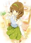  bag bangs blunt_bangs blush brown_eyes brown_hair commentary_request from_above green_hairband green_skirt hairband handbag looking_at_viewer looking_up open_mouth original ringlets see-through shirt short_hair skirt smile solo white_shirt zpolice 