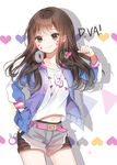  bangs breasts brown_eyes brown_hair casual character_name charm_(object) clenched_hand cowboy_shot d.va_(overwatch) facial_mark hand_in_pocket headphones headphones_around_neck heart hood hoodie long_hair long_sleeves looking_to_the_side moffle_(ayabi) navel overwatch shadow shirt short_shorts shorts simple_background small_breasts smile solo swept_bangs t-shirt whisker_markings white_background white_shirt 