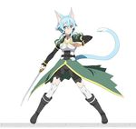  animal_ears black_shorts blue_eyes blue_hair cat_ears collar collarbone full_body holding holding_sword holding_weapon official_art short_hair shorts simple_background sinon sinon_(sao-alo) solo sword sword_art_online sword_art_online:_code_register thighhighs watermark weapon white_background white_legwear 