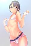  bad_id bad_twitter_id bikini black_hair covered_nipples fingerless_gloves flat_chest gloves highleg highleg_bikini highres hips idolmaster idolmaster_cinderella_girls micro_shorts otokura_yuuki outstretched_wrists q_(ed69) short_hair shorts side_slit side_slit_shorts solo string_bikini swimsuit w_arms white_bikini white_shorts 