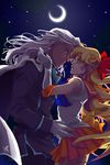  1girl aino_minako backlighting bishoujo_senshi_sailor_moon bow cape cowboy_shot crescent_moon dark_skin dark_skinned_male elbow_gloves from_side gloves hair_bow half_updo highres kunzite_(sailor_moon) long_hair looking_at_another moon moonlight night orange_sailor_collar orange_skirt pleated_skirt sailor_collar sailor_senshi_uniform sailor_venus skirt versailles-fairytale very_long_hair white_gloves white_hair 