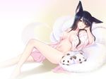  ahri akira_b animal_ears arm_support bare_shoulders black_eyes black_hair bottomless breasts collarbone covered_nipples creature fox_ears fox_tail hand_on_own_cheek highres league_of_legends leg_up long_hair long_sleeves looking_at_viewer lying medium_breasts navel no_bra off_shoulder on_back open_clothes open_shirt shirt solo stomach tail white_shirt wide_sleeves yellow_eyes 