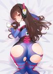  all_fours armor ass bad_id bad_pixiv_id bangs bed bed_sheet blush bodysuit bracer breasts brown_eyes brown_hair d.va_(overwatch) eyebrows eyebrows_visible_through_hair facepaint facial_mark from_behind gloves headphones high_collar highres kinven long_hair looking_at_viewer looking_back medium_breasts on_bed open_mouth overwatch pauldrons pilot_suit ribbed_bodysuit shoulder_pads solo thigh_gap thigh_strap torn_bodysuit torn_clothes turtleneck whisker_markings white_gloves 