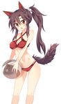  :o animal_ears ball bangs beachball bikini breasts brown_hair cleavage cowboy_shot fang high_ponytail highres imaizumi_kagerou large_breasts long_hair maturiuta_sorato navel open_mouth ponytail red_bikini red_eyes sidelocks simple_background solo standing strapless swimsuit tail touhou white_background wolf_ears wolf_tail 