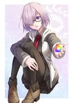  black_legwear blush breasts convenient_leg fate/grand_order fate_(series) glasses hair_over_one_eye highres jh looking_at_viewer mash_kyrielight medium_breasts necktie outstretched_arm pantyhose purple_eyes purple_hair saint_quartz short_hair smile solo 