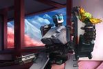  animal_on_hand bastion_(overwatch) bird bird_on_hand blue_sky broken cherry_blossoms cloud cloudy_sky cowboy_shot crack day dirty ganymede_(overwatch) gatling_gun glint gun highres landscape machine_gun mecha mountain nature no_humans overwatch rifle robot rust scenery scratches sky weapon 