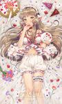  1girl 2016 babydoll bad_id bad_pixiv_id bare_shoulders bed_sheet bloomers blueberry blush bouquet breasts bridal_garter brown_hair cake cake_slice chii chobits dangmill eating flower food frills fruit hairband head_tilt highres holding holding_food holding_plate jewelry knife lolita_hairband long_hair looking_at_viewer looking_up lying maid_headdress medium_breasts navel necklace on_back pearl_necklace plate red_ribbon ribbon sidelocks solo strap_slip strawberry underwear very_long_hair yellow_eyes 