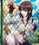  1girl against_fence between_breasts black_hair breasts brown_eyes bush chain-link_fence clothed_sex cloud coppelion couple cum cum_in_mouth cum_on_body cum_on_breasts cum_on_hair cum_on_lower_body cum_on_upper_body cumdrip day doggystyle facial fence fingerless_gloves gloves hetero highres hmage kurosawa_haruto large_breasts long_hair naruse_ibara navel necktie nipples open_clothes open_mouth open_shirt outdoors overflow pale_skin panties panties_around_one_leg pink_panties plaid plaid_skirt plant sex shirt skirt skirt_around_one_leg sky sleeves_rolled_up solo_focus striped striped_neckwear sweater transmission_tower underwear watermark white_shirt x-ray 
