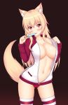  animal_ear_fluff animal_ears ass_visible_through_thighs bangs blonde_hair blush borrowed_garments breasts collarbone cowboy_shot eating eyebrows_visible_through_hair food fox_ears fox_girl fox_tail gluteal_fold highres jacket keshigomu large_breasts licking long_hair looking_at_viewer navel no_bra open_clothes open_jacket original panties popsicle red_eyes red_panties solo striped striped_legwear tail thighhighs tiffy tongue tongue_out track_jacket underwear unzipped 