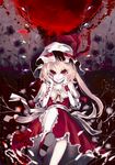  ascot blonde_hair blood bloody_tears crystal dress fangs flandre_scarlet grin hands_on_own_face hat hat_ribbon highres looking_at_viewer mob_cap moon puffy_sleeves red_eyes red_moon ribbon sash short_sleeves side_ponytail slit_pupils smile socks solo touhou uni_(bom19850101) vampire white_legwear wings wrist_cuffs 