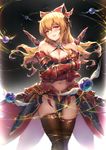  bangs bare_shoulders belly black_legwear blonde_hair blush bow breasts cleavage commentary_request dress granblue_fantasy hair_between_eyes hair_bow hair_ornament haoni large_breasts long_hair looking_at_viewer navel open_mouth ponytail red_eyes self_hug smile solo stomach thighhighs vira_lilie 
