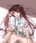  1girl asagumo_(kantai_collection) ascot bed_sheet blush bow breasts brown_hair censored clothed_sex collared_shirt commentary disco_brando green_eyes green_skirt hair_bow hetero highres holding_hands interlocked_fingers kantai_collection long_hair looking_at_viewer male_pubic_hair missionary no_panties open_clothes open_mouth open_shirt penis pov pubic_hair pussy pussy_juice round_teeth school_uniform sex shirt short_sleeves skirt skirt_lift small_breasts solo_focus spread_legs sweat teeth twintails unbuttoned unbuttoned_shirt vaginal very_long_hair wing_collar 