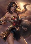  armlet armor armpits artstation_sample bare_shoulders black_hair blue_eyes bracer cowboy_shot dc_comics image_sample lasso looking_at_viewer parted_lips shield skirt solo strap superhero sword tiara weapon wonder_woman wonder_woman_(series) x.four 