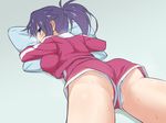  ass black_hair blue_eyes blush breath cosplay female_protagonist_(pokemon_go) female_protagonist_(pokemon_go)_(cosplay) gym_shorts gym_uniform imura_(shiro_maru) long_hair looking_back lying no_hat no_headwear on_stomach original panties panty_peek pillow pillow_hug pokemon pokemon_go ponytail shiro_maru shorts solo sweat underwear upshorts white_panties 