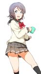  absurdres bad_id bad_pixiv_id black_legwear blue_eyes blush bow bowtie brown_hair commentary_request cup grey_skirt highres icehotmilktea looking_at_viewer love_live! love_live!_sunshine!! miniskirt open_mouth pleated_skirt red_bow red_neckwear school_uniform serafuku short_hair simple_background skirt solo uranohoshi_school_uniform watanabe_you white_background 