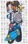  8-bit ass backpack bag blonde_hair blue_eyes breasts bubble_blowing chewing_gum clefairy dark_skin earrings ekans female_protagonist_(pokemon_go) fingerless_gloves gen_1_pokemon gloves hat highres jacket jewelry large_breasts pants pidgey pikachu poke_ball pokemon pokemon_(creature) pokemon_go ponytail short_hair skateboard smile solo tagane tauros 