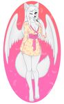  2016 anthro belt breasts canine celeste_falore cherry_blossom cleavage clothed clothing cocoro feathers female full-length_portrait fur hair japanese_clothing kimono looking_at_viewer mammal one_eye_closed onigiri plant portrait smile solo standing white_fur white_hair wide_hips wings wolf yellow_eyes 
