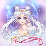  bare_shoulders bishoujo_senshi_sailor_moon blue_eyes brooch channelsquare crescent double_bun earrings eyelashes facial_mark forehead_mark gem gradient gradient_background heart jewelry long_hair neo_queen_serenity pearl_earrings pink_lips pink_ribbon puffy_short_sleeves puffy_sleeves ribbon short_sleeves signature smile solo sparkle tiara tsukino_usagi twintails upper_body watermark web_address 