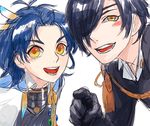  black_gloves black_hair blue_hair feathers gloves hair_feathers highres male_focus multiple_boys oniyanagi open_mouth pointing shokudaikiri_mitsutada smile taikogane_sadamune touken_ranbu yellow_eyes 