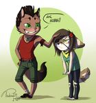  anthro bandanna canine chibi clothing duo ear_piercing english_text eye_patch eyewear fangs feline female jewelry male mammal necklace piercing scar simple_background smile standing teeth text torn_clothing tsukinori 
