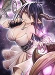  ahoge aura bandaged_arm bandages bare_shoulders black_gloves breasts cleavage constricted_pupils danua draph dress finger_to_mouth fingerless_gloves gloves granblue_fantasy hair_between_eyes highres horn_ornament horns jewelry large_breasts long_hair looking_at_viewer mephist-pheles pointy_ears purple_hair red_eyes sideboob solo white_dress 