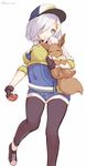  absurdres alternate_costume baseball_cap black_legwear blue_eyes breasts cosplay cropped_jacket eevee eyes_visible_through_hair female_protagonist_(pokemon_go) female_protagonist_(pokemon_go)_(cosplay) gen_1_pokemon gloves hair_ornament hair_over_one_eye hairclip hamakaze_(kantai_collection) hat highres kantai_collection katoroku large_breasts leggings poke_ball pokemon pokemon_(creature) pokemon_go shoes short_hair silver_hair smile sneakers 