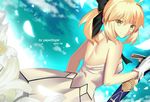  ahoge artoria_pendragon_(all) bare_shoulders blonde_hair caliburn dress fate/grand_order fate/stay_night fate/unlimited_codes fate_(series) from_behind gloves green_eyes highres paperfinger ponytail saber saber_lily solo sword weapon 