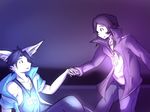  2016 anthro big_ears black_hair blue_eyes camera canine cheek_tuft clothed clothing duo eye_contact female fully_clothed fur hair hand_holding inner_ear_fluff jacket jinny male mammal pants protagonist_(repeat) purple_eyes repeat_(visual_novel) restricted_palette shirokoi shirt tank_top tuft white_fur 