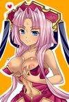  blue_eyes breast_hold breasts center_opening cleavage collarbone dark_skin dress facial_mark forehead_mark hat heart highres koihime_musou large_breasts long_hair navel nipples no_bra off_shoulder pink_hair rickcodex smile solo sonken upper_body 
