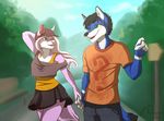  anthro canine clothed clothing duo female hand_holding hat male male/female mammal open_mouth outside smile standing teeth tongue tsukinori 