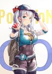  adjusting_clothes adjusting_hat alternate_costume baseball_cap blue_eyes breasts copyright_name cosplay covered_navel cowboy_shot cropped_jacket female_protagonist_(pokemon_go) female_protagonist_(pokemon_go)_(cosplay) fingerless_gloves from_side gloves hair_between_eyes hat holding holding_poke_ball kantai_collection kashima_(kantai_collection) leggings light_smile long_hair looking_at_viewer medium_breasts poke_ball pokemon pokemon_go reaching_out silver_hair solo twintails yinzhang 