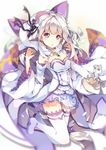  bare_shoulders blurry boots braid collar creature dango_remi depth_of_field dress elf emilia_(re:zero) eyebrows eyebrows_visible_through_hair french_braid frilled_sleeves frills full_body hair_ribbon highres jewelry long_hair looking_at_viewer parted_lips patterned_clothing pointy_ears puck_(re:zero) purple_eyes re:zero_kara_hajimeru_isekai_seikatsu ribbon shiny shiny_hair silver_hair simple_background thigh_boots thighhighs very_long_hair white_dress white_footwear white_legwear wide_sleeves zettai_ryouiki 
