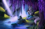  anthro canine clothed clothing duo eyes_closed female instrument kneeling mammal marine merfolk open_mouth tsukinori waterfall 