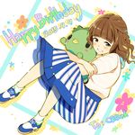  2015 blue_skirt blush brown_eyes brown_hair character_name dated english grin happy_birthday kakuma_ai long_hair long_skirt looking_at_viewer mole mole_under_eye multicolored multicolored_text number object_hug real_life saddle_shoes seiyuu shirt shoes silhouette skirt smile solo stuffed_kappa white_shirt zpolice 