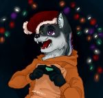  2018 anthro aobnencyth black_nose canine clothing coldy_the_wolf controller different_eyes fur game_controller hair happy hat iroquois joystick lights male mammal night open_mouth playstation playstation_4 russia russian shirt smile star t-shirt tongue video_games winter 