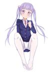  blush breasts caibao highres long_hair looking_at_viewer new_game! panties panties_under_pantyhose pantyhose pantyshot purple_eyes purple_hair small_breasts smile solo suzukaze_aoba twintails underwear white_legwear 