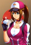  1girl breasts brown_hair female_protagonist_(pokemon_go) jadenkaiba large_breasts pokeball pokemon pokemon_go ponytail smile solo 