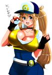 atago_(kantai_collection) baseball_cap blonde_hair blue_eyes breasts cleavage cosplay female_protagonist_(pokemon_go) female_protagonist_(pokemon_go)_(cosplay) fingerless_gloves gloves hat holding holding_poke_ball kantai_collection large_breasts long_hair perepere-kun poke_ball poke_ball_(generic) pokemon pokemon_go ponytail simple_background smile solo translated very_long_hair white_background 