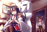  2girls admiral_(kantai_collection) ahoge bangs blush brown_eyes brown_hair commentary_request detached_sleeves empty_eyes fingers_together hair_between_eyes hairband hakama hand_on_another's_head hand_on_another's_shoulder haruna_(kantai_collection) headgear highres implied_yuri japanese_clothes kantai_collection kongou_(kantai_collection) lamp long_hair military military_uniform multiple_girls nervous nontraditional_miko office open_door open_mouth red_hakama rope sidelocks sitting standing suzune_kou thighhighs translated uniform wide_sleeves yandere 