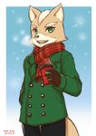  2015 anthro black_nose brown_fur canine caramelix clothing coat fox fox_mccloud fur gloves green_eyes male mammal nintendo scarf smile solo star_fox video_games white_fur winter 