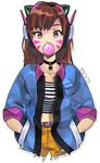  animal_ears bangs belt belt_buckle blue_jacket blush brown_eyes brown_hair bubble_blowing buckle cat_ears chewing_gum choker collarbone d.va_(overwatch) dated enagi eyebrows eyebrows_visible_through_hair facepaint facial_mark fake_animal_ears hands_in_pockets headphones jacket long_hair looking_at_viewer overwatch pocket shirt shorts sleeves_rolled_up solo striped striped_shirt transparent_background whisker_markings yellow_shorts 