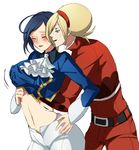 1boy 1girl androgynous ascot ash_crimson belt blonde_hair blue_eyes blue_hair blush breast_grab breasts collared_shirt cowboy_shot elisabeth_blanctorche embarrassed eyes_closed freckles groping half-closed_eyes headband hetero king_of_fighters large_breasts looking_at_another muse_(rainforest) navel open_mouth profile shirt_lift short_hair simple_background sweatdrop white_background 