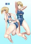  :/ abs absurdres armpits arms_behind_head ass ass_visible_through_thighs bad_id bad_pixiv_id blonde_hair blue_background blue_eyes blush breasts cleavage competition_swimsuit darjeeling girls_und_panzer groin_tendon highres kneeling large_breasts multiple_views one-piece_swimsuit orange_(sal1014) sideboob sky swimsuit thighs underboob underboob_cutout wet 