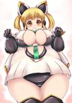  animal_ears big_belly blush breasts cat_ears cleavage cosplay elbow_gloves fat frown gene_(pso2) gene_(pso2)_(cosplay) gloves headphones highres kurokaze_no_sora large_breasts looking_at_viewer mechanical_ears nitroplus nose_blush obese orange_hair paw_pose phantasy_star phantasy_star_online_2 short_hair solo super_pochaco thighs twintails 