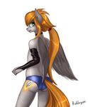  5_fingers absurd_res anthro blonde_hair collar cutie_mark fan_character feathered_wings feathers green_eyes grey_feathers hair hi_res male mammal my_little_pony ponytail rubber_gloves rublegun simple_background smile solo standing white_background wings 