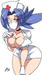  1girl bigdead93 blue_hair breasts cleavage collar eyepatch female large_breasts long_hair looking_at_viewer ponytail red_eyes skullgirls solo valentine_(skullgirls) 