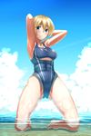  :/ abs absurdres armpits arms_behind_head ass_visible_through_thighs bad_id bad_pixiv_id blonde_hair blue_eyes blue_sky blush breasts cleavage cloud competition_swimsuit darjeeling day girls_und_panzer groin highres kneeling large_breasts one-piece_swimsuit orange_(sal1014) partially_submerged sideboob sky solo swimsuit thighs underboob underboob_cutout wet 