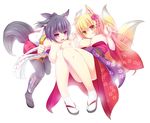  animal_ears bare_arms black_hair black_legwear blonde_hair blush breasts breasts_outside character_request clenched_hand closed_mouth convenient_leg downblouse eyebrows eyebrows_visible_through_hair eyelashes floral_print fox_ears fox_tail full_body hair_ornament hairclip highres holding_hands interlocked_fingers japanese_clothes kanzashi kimono knees_together_feet_apart large_breasts long_sleeves looking_at_viewer multiple_girls multiple_tails nipples obi off_shoulder okitsune_man'yuuki papino pigeon-toed print_kimono red_eyes red_kimono ribbon-trimmed_sleeves ribbon_trim sash shin_guards simple_background smile tabi tail thighhighs unaligned_breasts upskirt white_background white_legwear wide_sleeves yellow_eyes yoshiteru_(okitsune_man'yuuki) yuusai_(okitsune_man'yuuki) zouri 